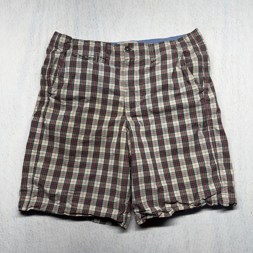 Merona Mens Plaid Shorts Red Green Navy Cream Cotton Flat Front Size 34